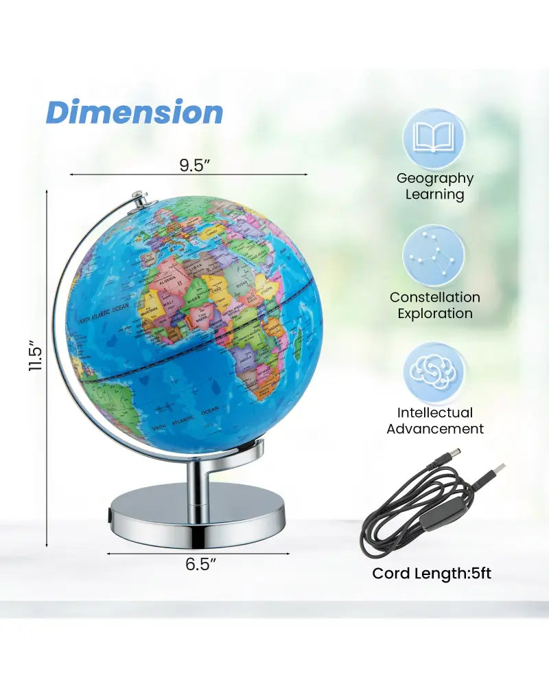 3-in-1 Illuminated World Globe with Stand and 88 Constellations - Blue - Learning Toys