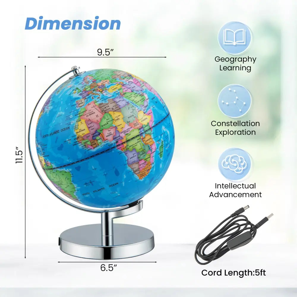 3-in-1 Illuminated World Globe with Stand and 88 Constellations - Blue - Learning Toys