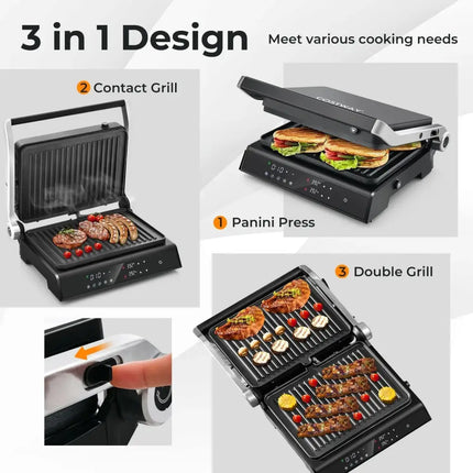 3 in 1 Indoor Electric Panini Press Grill with LED Display-Black Costway