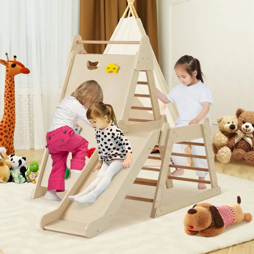 3-In 1 Jungle Gym Indoor Playground with Extended Slide for Toddlers-Natural - Natural - Climbers & Slides