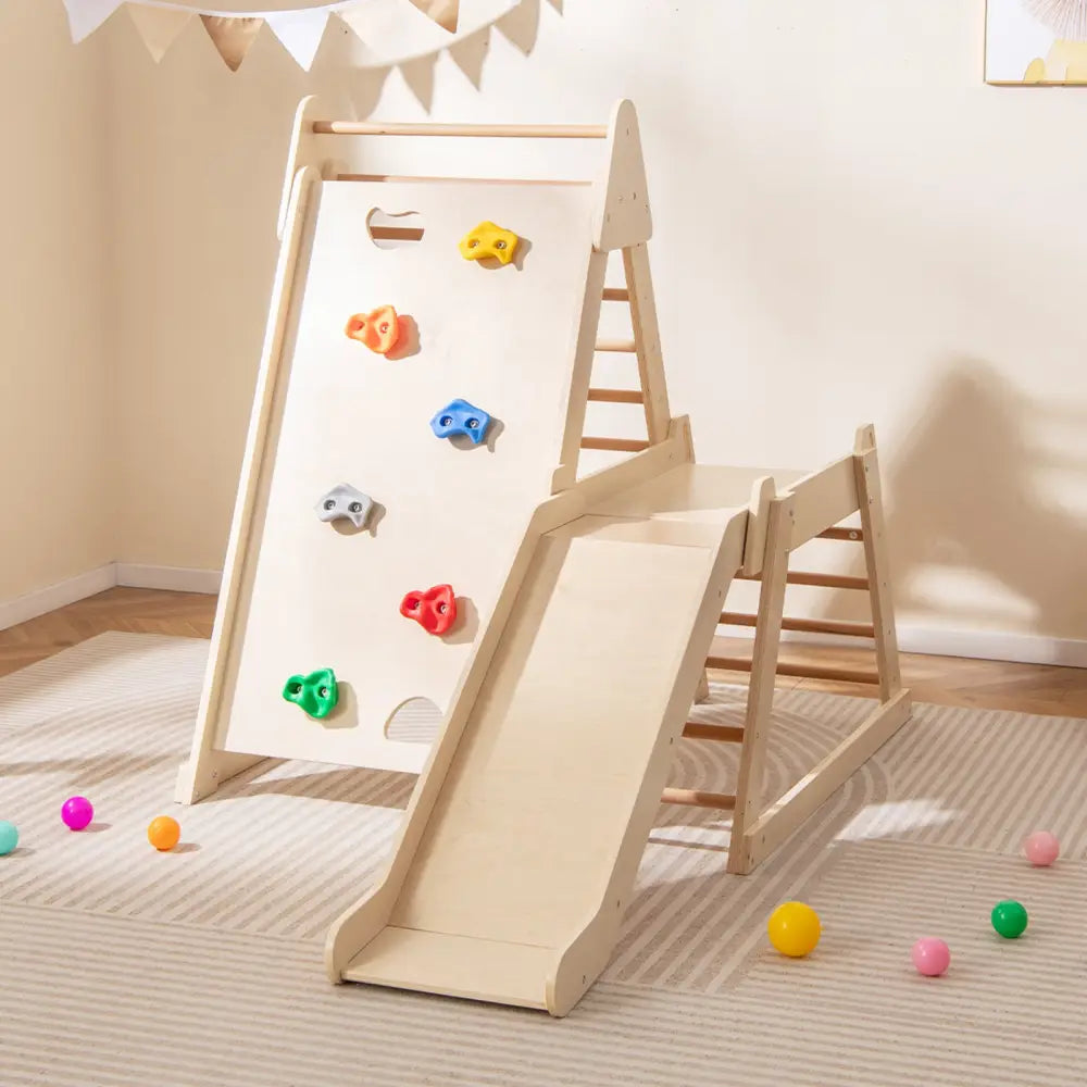 3-In 1 Jungle Gym Indoor Playground with Extended Slide for Toddlers-Natural - Natural - Climbers & Slides