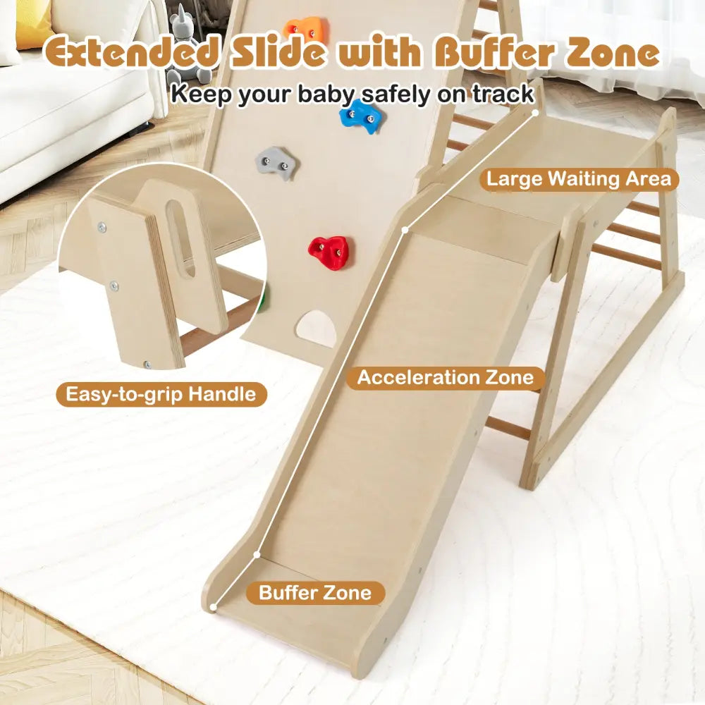 3-In 1 Jungle Gym Indoor Playground with Extended Slide for Toddlers-Natural - Natural - Climbers & Slides