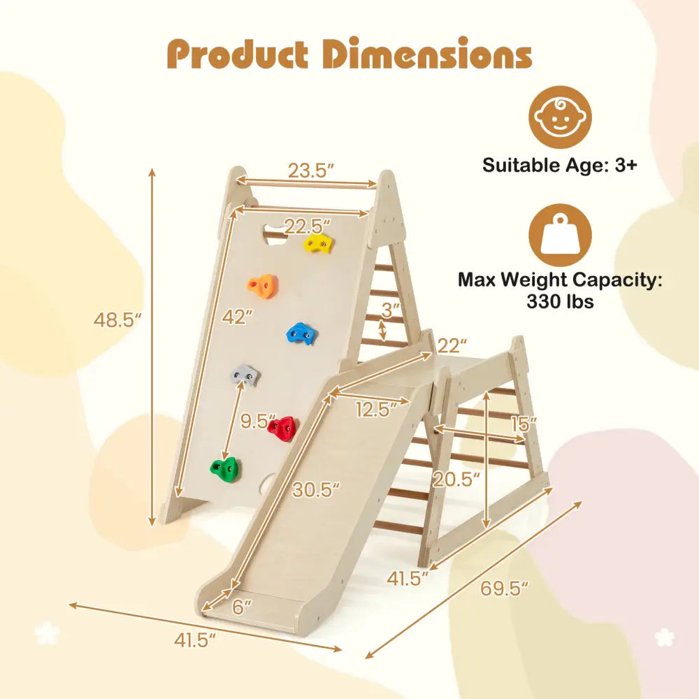 3-In 1 Jungle Gym Indoor Playground with Extended Slide for Toddlers-Natural - Natural - Climbers & Slides