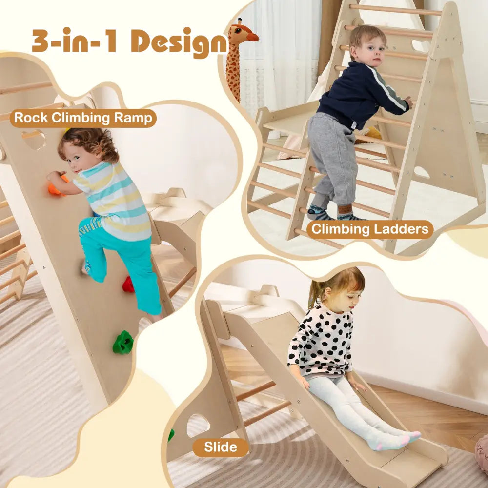 3-In 1 Jungle Gym Indoor Playground with Extended Slide for Toddlers-Natural - Natural - Climbers & Slides