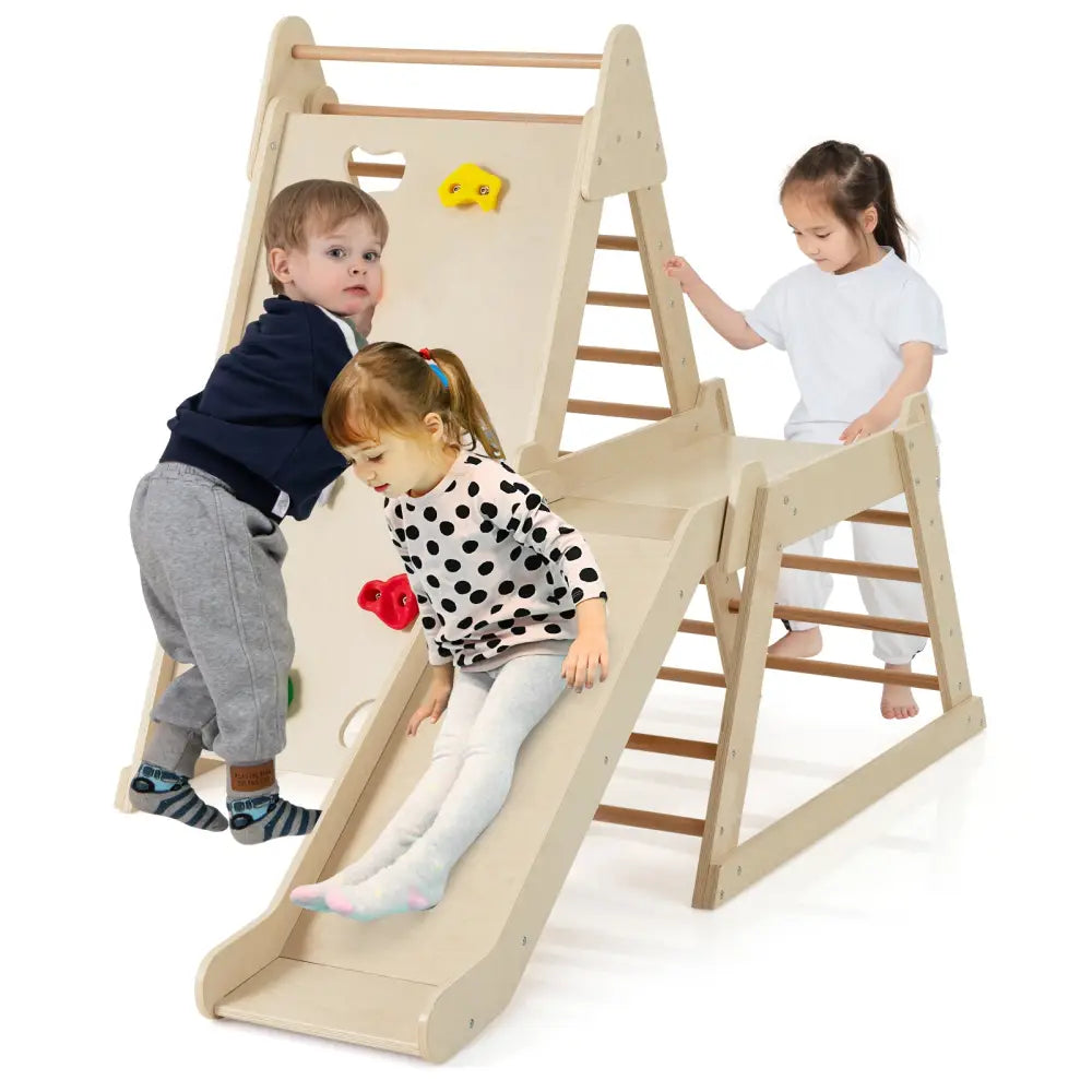 3-In 1 Jungle Gym Indoor Playground with Extended Slide for Toddlers-Natural - Natural - Climbers & Slides