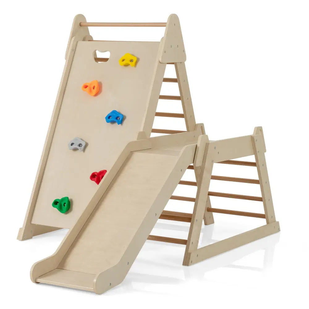 3-In 1 Jungle Gym Indoor Playground with Extended Slide for Toddlers-Natural - Natural - Climbers & Slides
