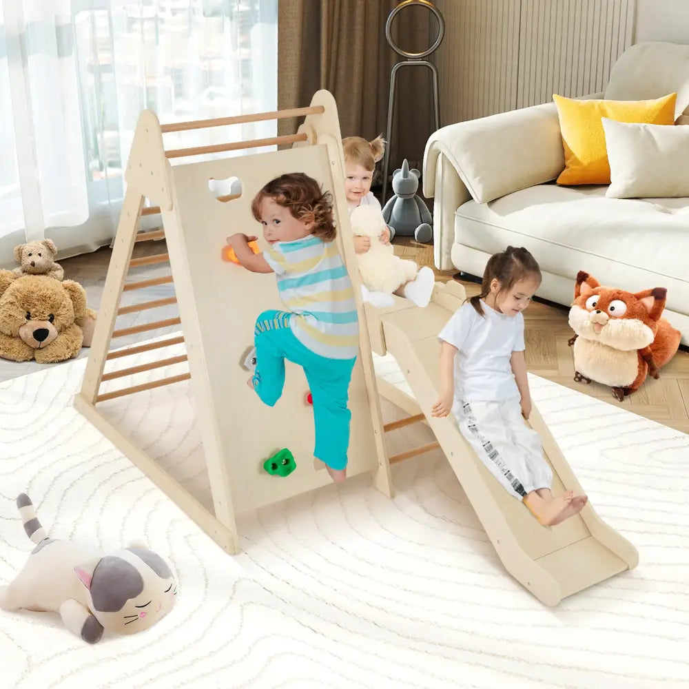 3-In 1 Jungle Gym Indoor Playground with Extended Slide for Toddlers-Natural - Natural - Climbers & Slides