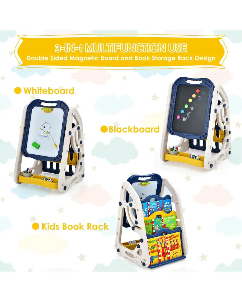 3-in-1 Kids Art Easel Double-Sided Tabletop Easel with Art Accessories-Blue - Blue - Art Easels