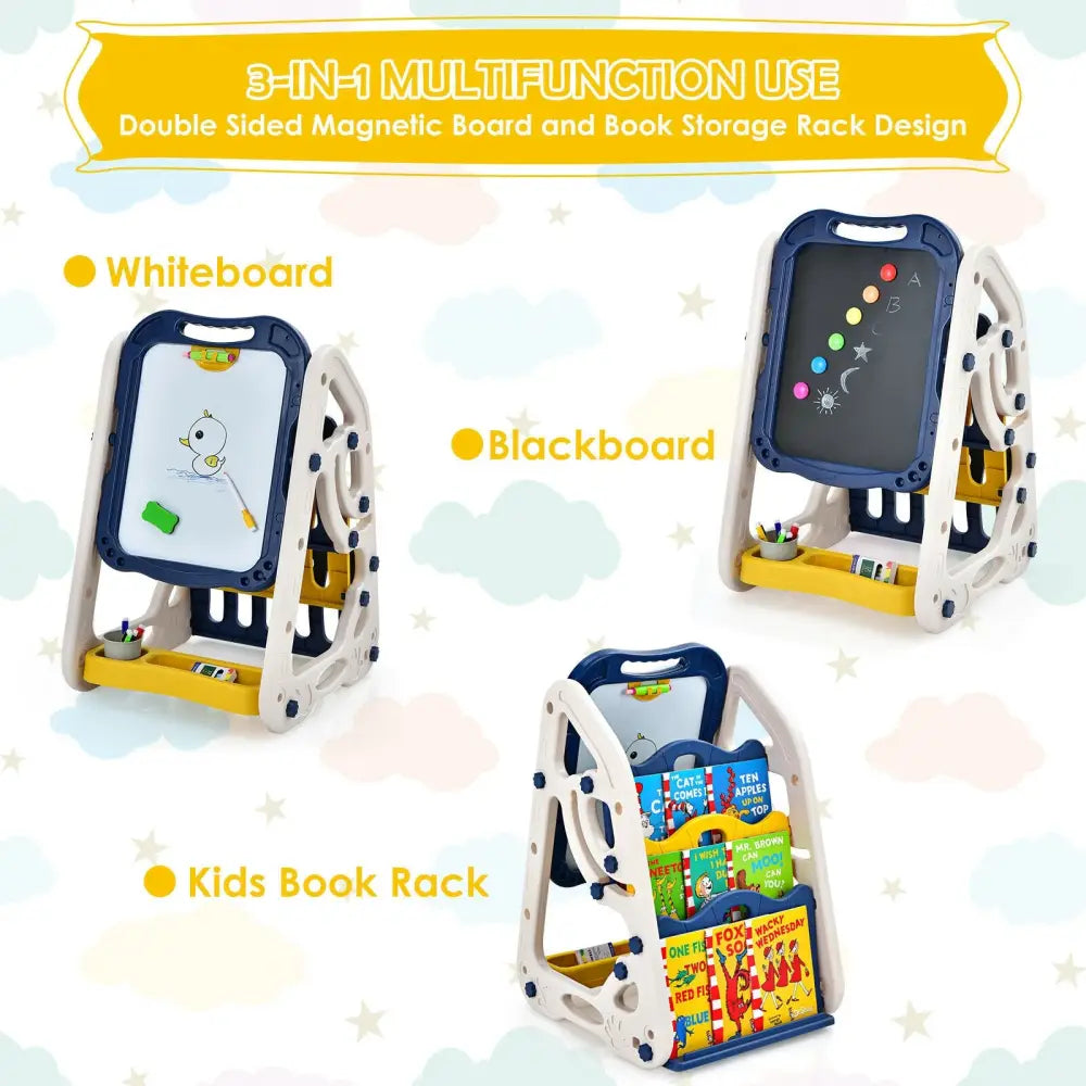 3-in-1 Kids Art Easel Double-Sided Tabletop Easel with Art Accessories-Blue - Blue - Art Easels