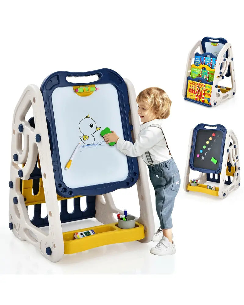 3-in-1 Kids Art Easel Double-Sided Tabletop Easel with Art Accessories-Blue - Blue - Art Easels