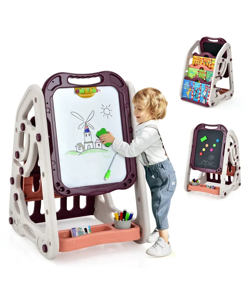 3-in-1 Kids Art Easel Double-Sided Tabletop Easel with Art Accessories-Red - Red - Art Easels