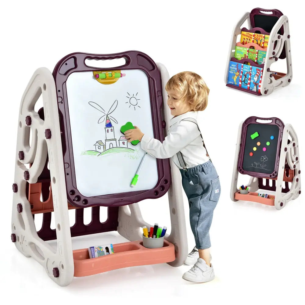 3-in-1 Kids Art Easel Double-Sided Tabletop Easel with Art Accessories-Red - Red - Art Easels