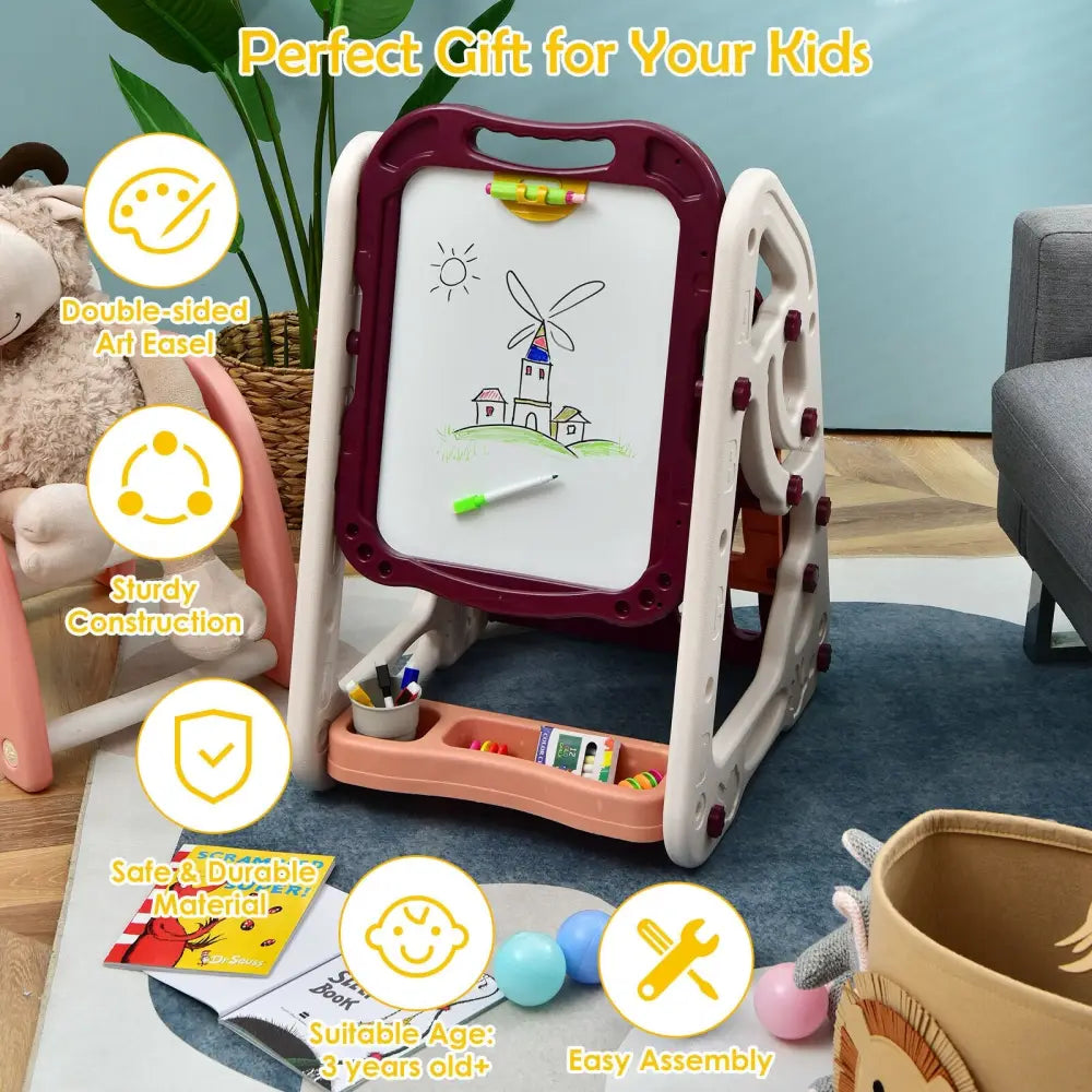 3-in-1 Kids Art Easel Double-Sided Tabletop Easel with Art Accessories-Red - Red - Art Easels