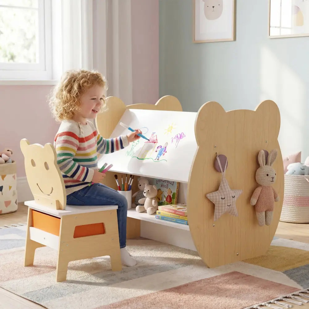 3-in-1 Kids Art Table and Chair with Storage and Reversible Whiteboard Chalkboard for Ages 3-10 Years Old-White - White