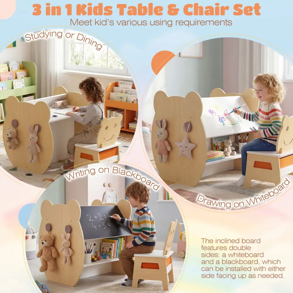 3-in-1 Kids Art Table and Chair with Storage and Reversible Whiteboard Chalkboard for Ages 3-10 Years Old-White - White