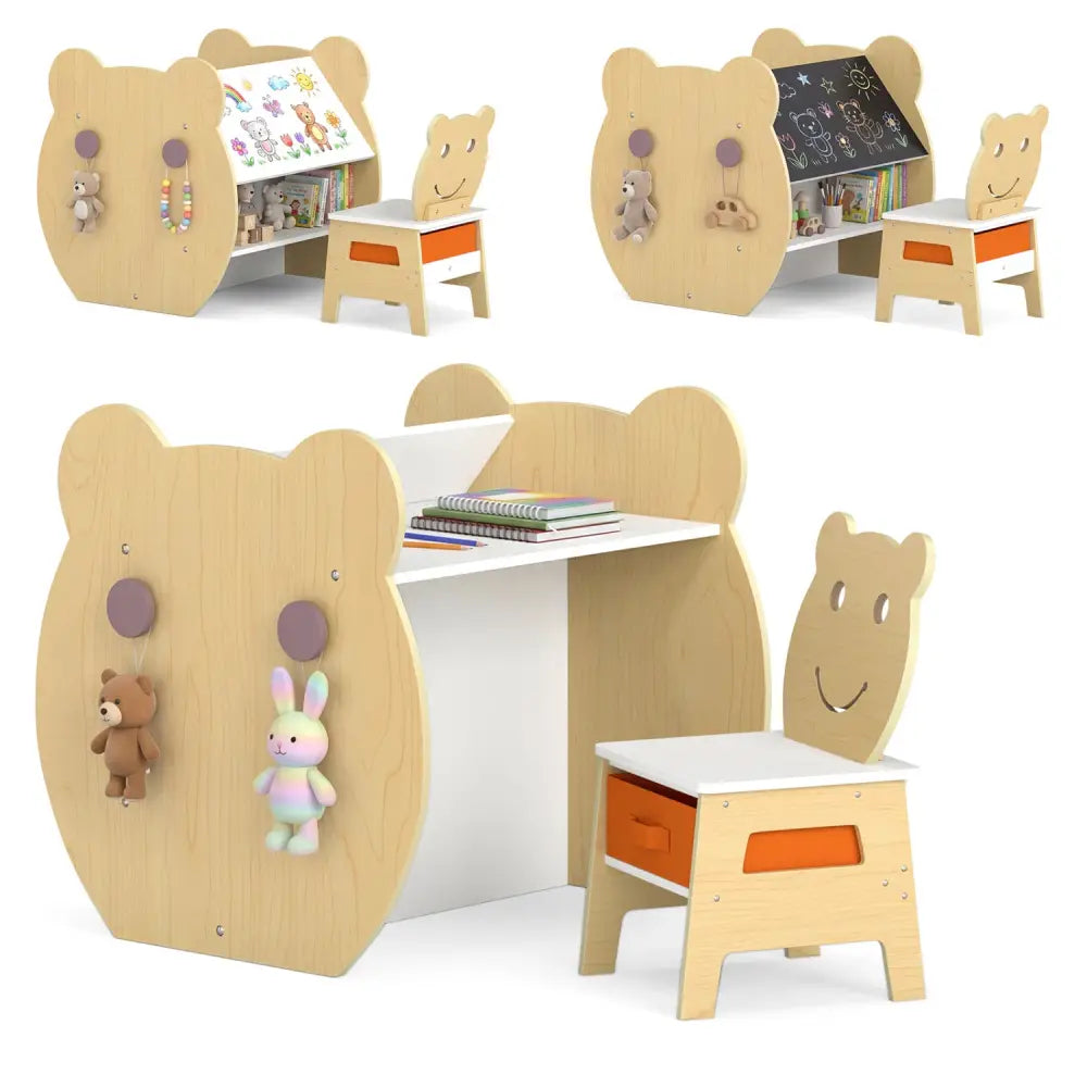 3-in-1 Kids Art Table and Chair with Storage and Reversible Whiteboard Chalkboard for Ages 3-10 Years Old-White - White