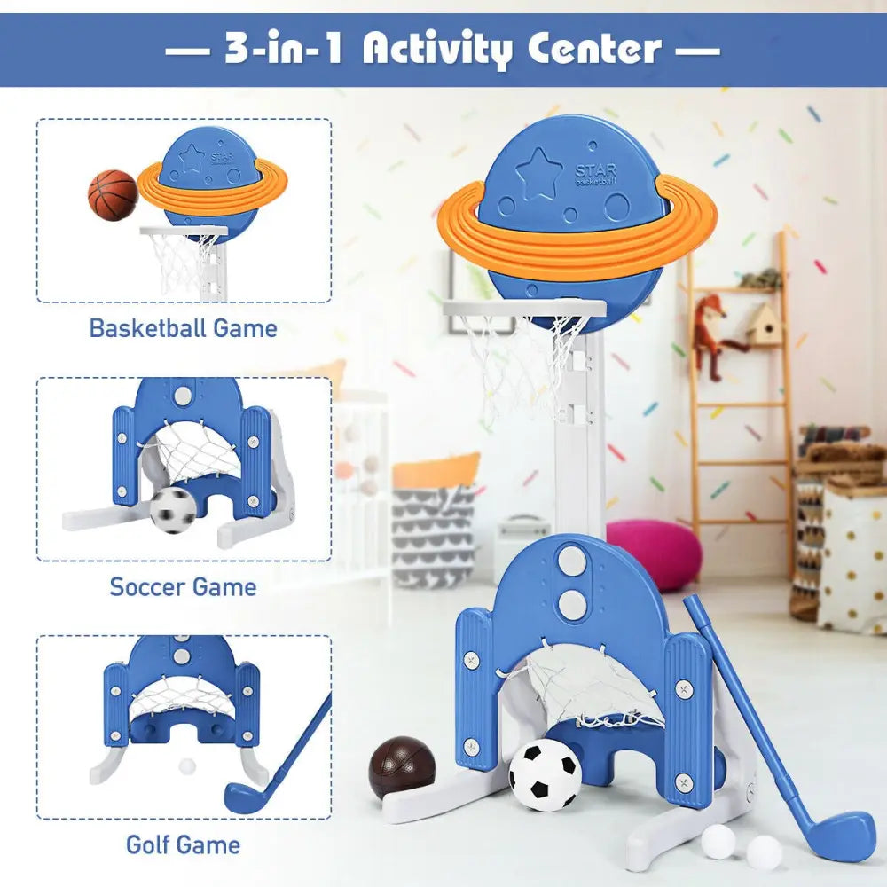 3 in 1 Kids Basketball Hoop Set with Balls-Blue - Blue - Toy Sports