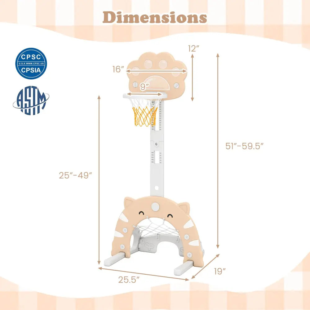 3 in 1 Kids Basketball Hoop with Basketball and Foldable Rim-Beige - Beige - Toy Sports
