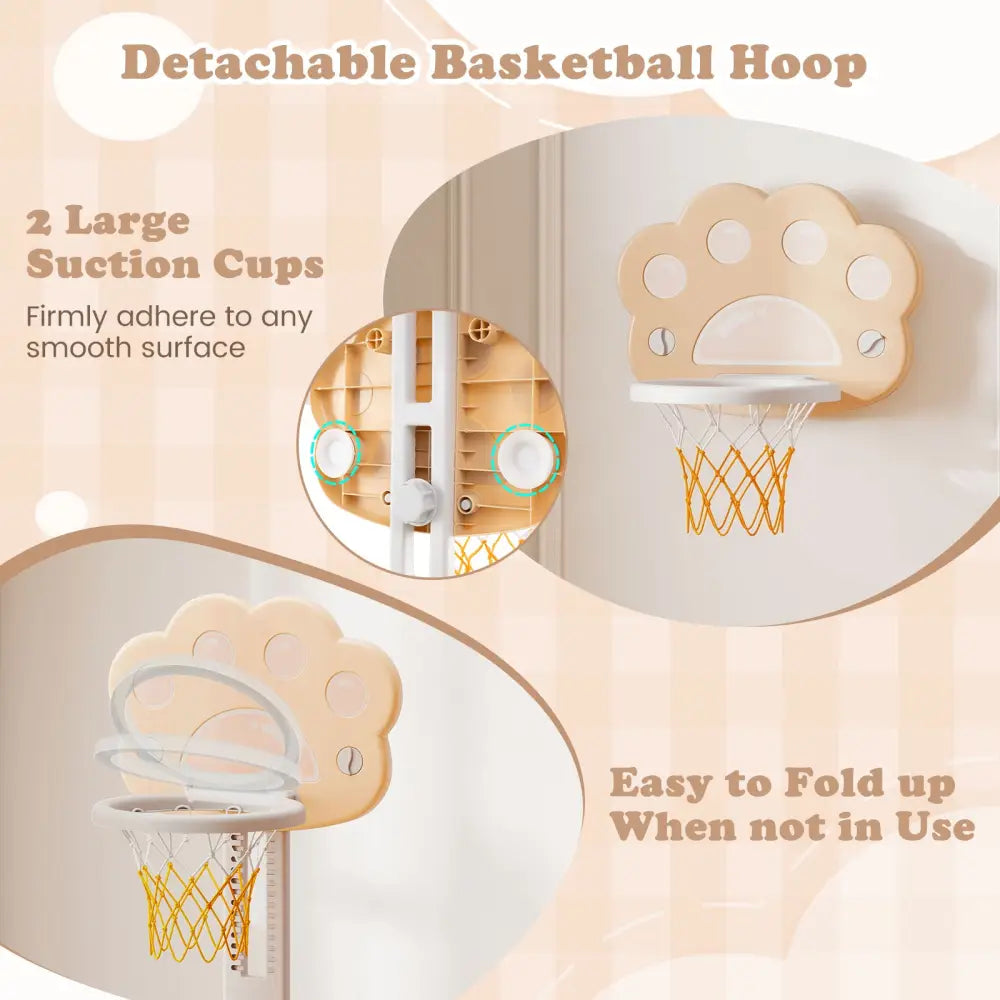 3 in 1 Kids Basketball Hoop with Basketball and Foldable Rim-Beige - Beige - Toy Sports