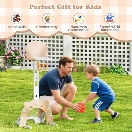 3 in 1 Kids Basketball Hoop with Basketball and Foldable Rim-Beige - Beige - Toy Sports