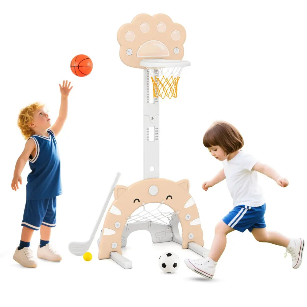 3 in 1 Kids Basketball Hoop with Basketball and Foldable Rim-Beige - Beige - Toy Sports