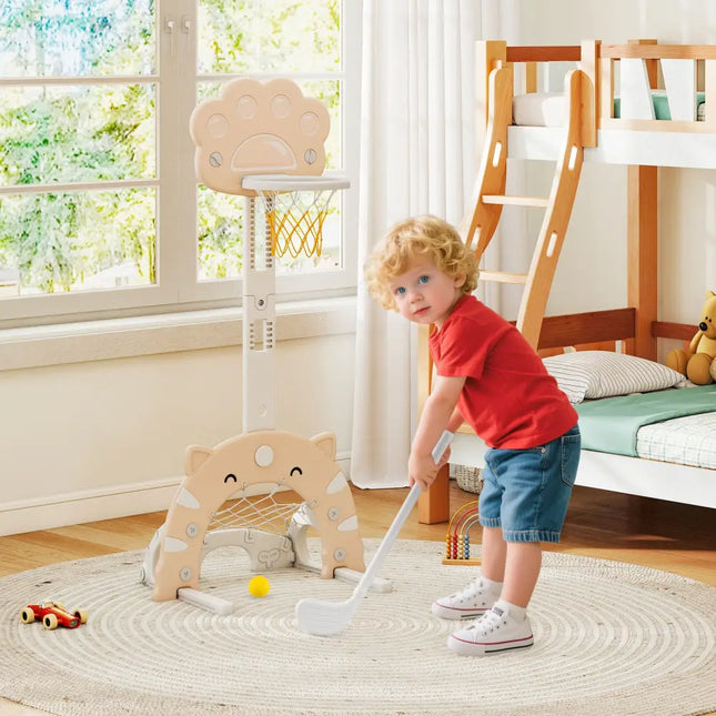 3 in 1 Kids Basketball Hoop with Basketball and Foldable Rim-Beige - Beige - Toy Sports
