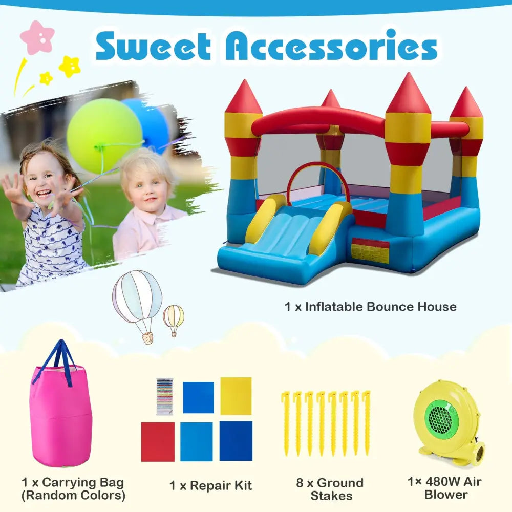 3-in-1 Kids Bouncer with Slide with 480W Blower for Yard - Blue - Bounce House