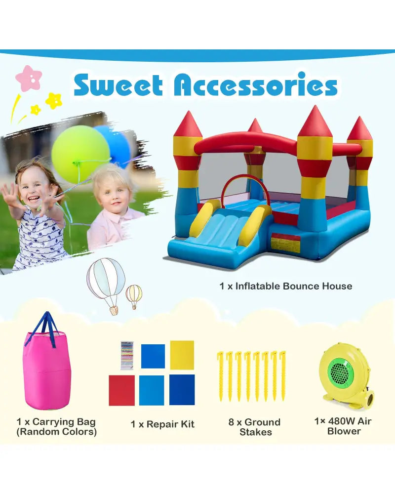 3-in-1 Kids Bouncer with Slide with 480W Blower for Yard - Blue - Bounce House