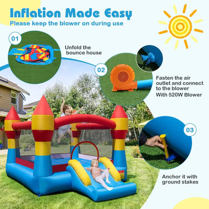 3-in-1 Kids Bouncer with Slide with 520W Blower for Yard - Blue - Bounce House