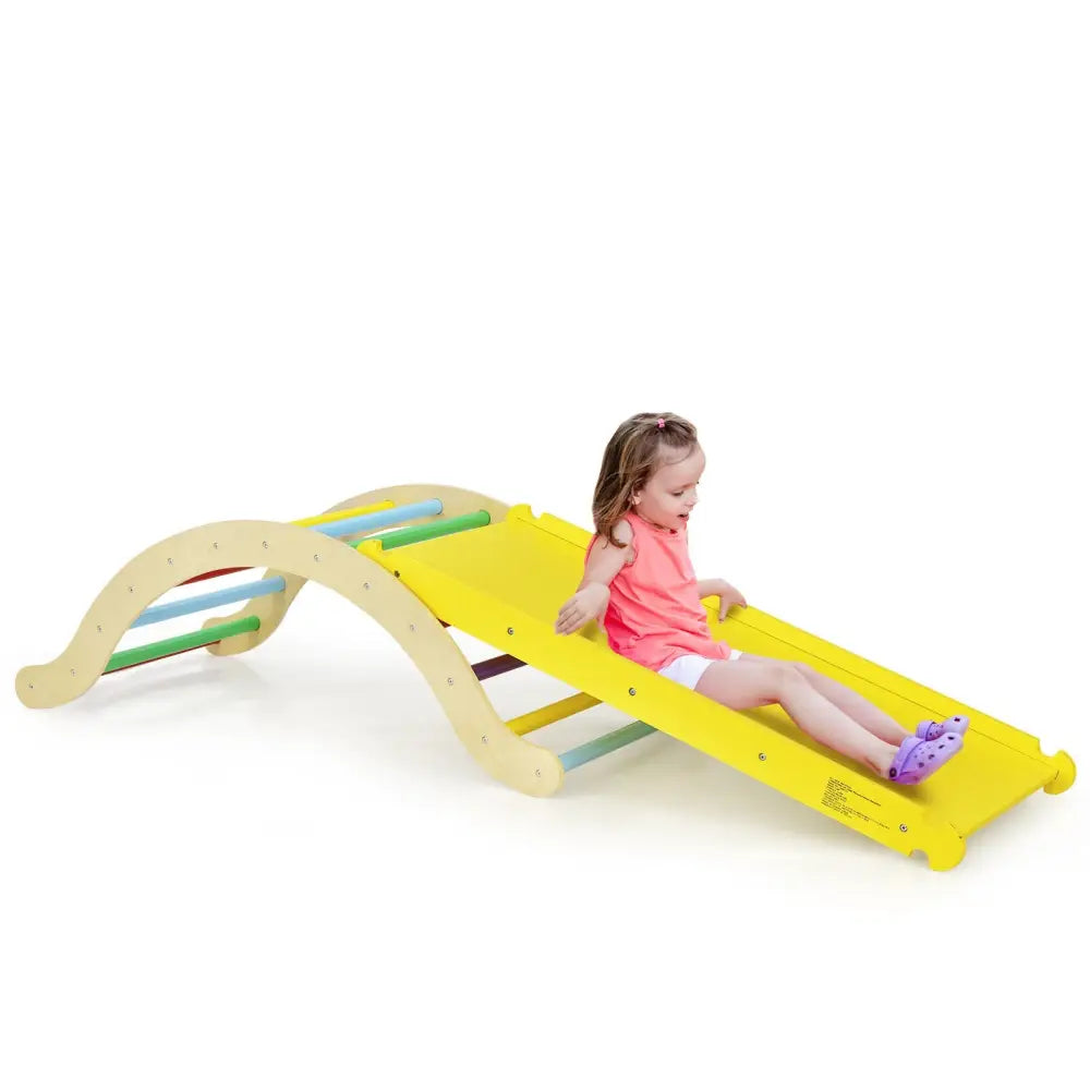 3-in-1 Kids Climber Set Wooden Arch Triangle Rocker with Ramp and Mat - Yellow - Climbers & Slides