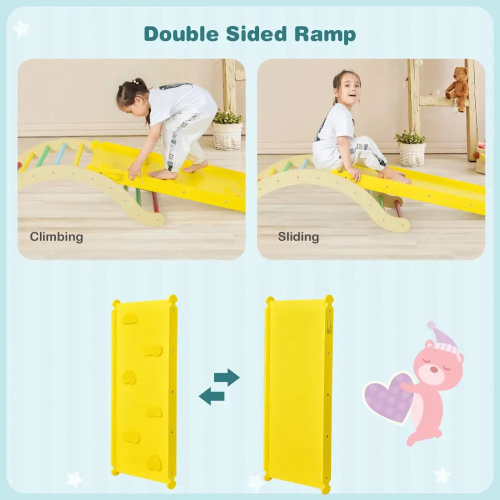 3-in-1 Kids Climber Set Wooden Arch Triangle Rocker with Ramp and Mat - Yellow - Climbers & Slides