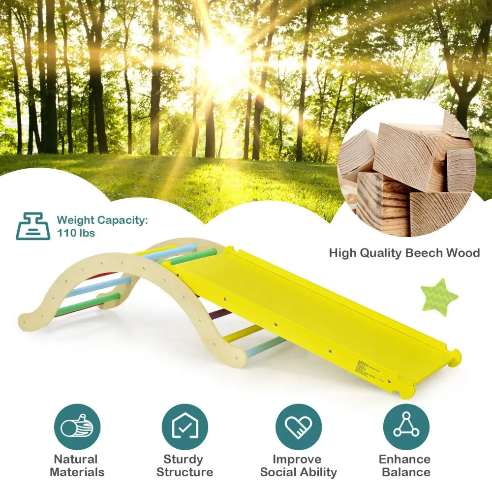 3-in-1 Kids Climber Set Wooden Arch Triangle Rocker with Ramp and Mat - Yellow - Climbers & Slides