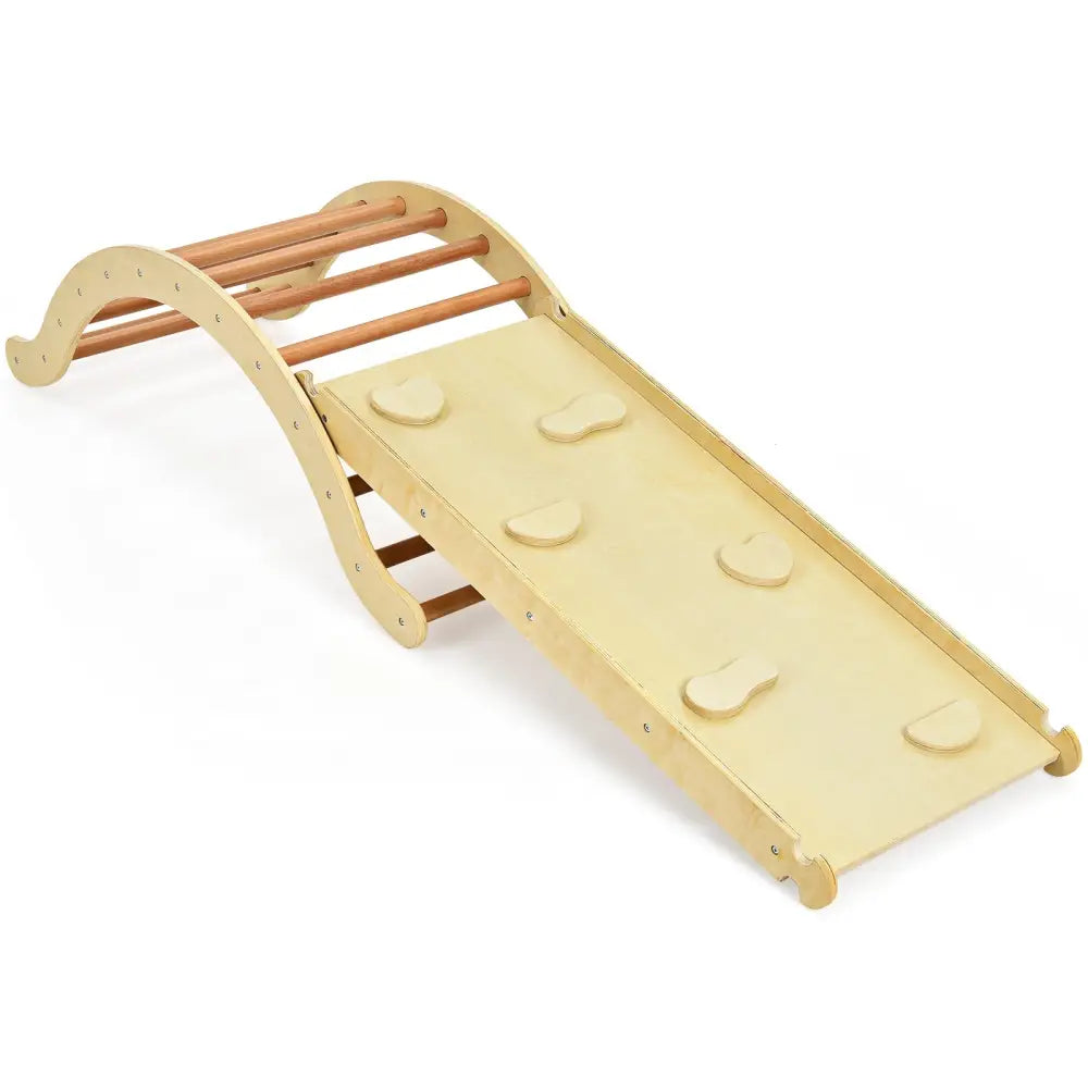 3-in-1 Kids Climber Set Wooden Arch Triangle Rocker with Ramp and Mat-Natural - Natural - Climbers & Slides