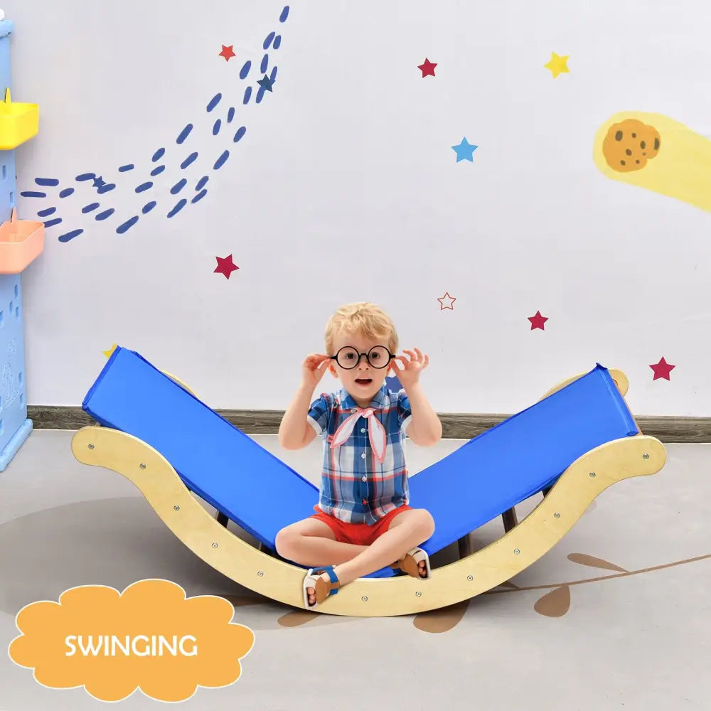 3-in-1 Kids Climber Set Wooden Arch Triangle Rocker with Ramp and Mat-Natural - Natural - Climbers & Slides