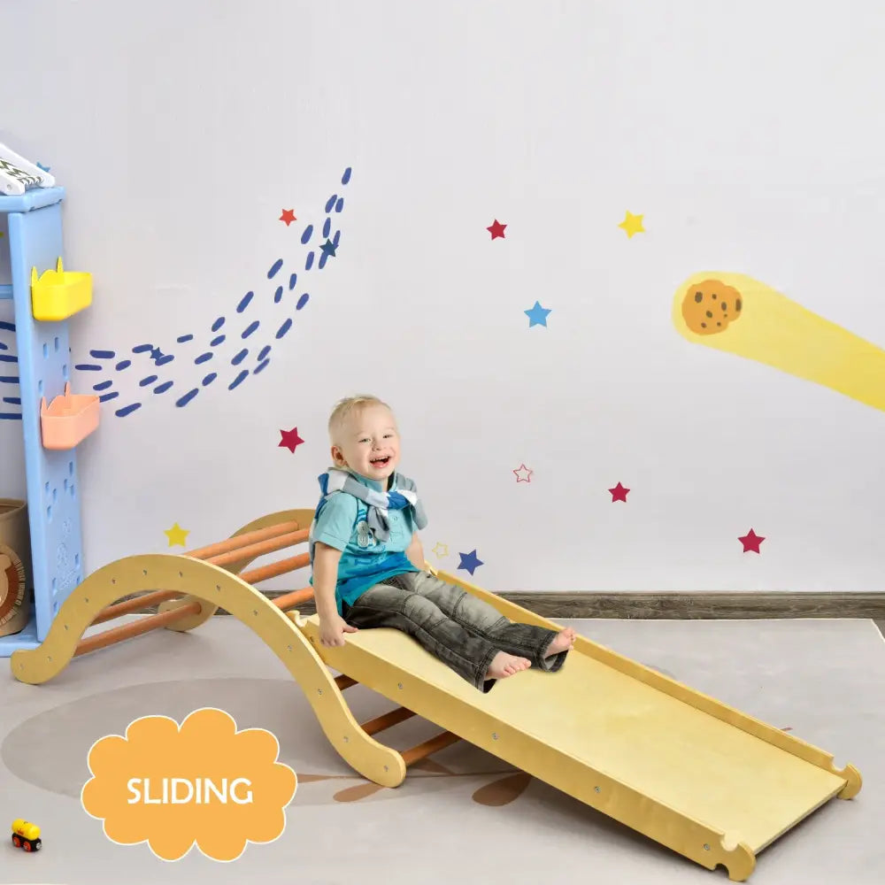3-in-1 Kids Climber Set Wooden Arch Triangle Rocker with Ramp and Mat-Natural - Natural - Climbers & Slides