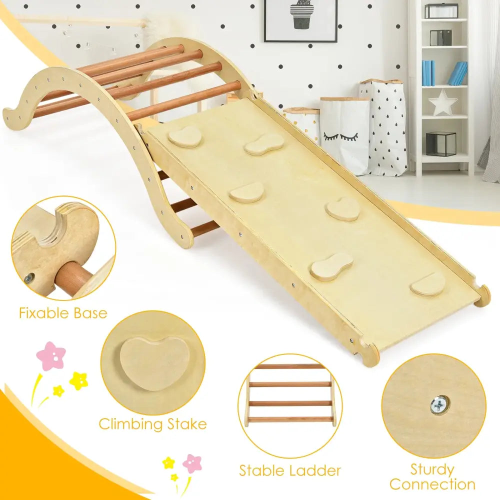 3-in-1 Kids Climber Set Wooden Arch Triangle Rocker with Ramp and Mat-Natural - Natural - Climbers & Slides