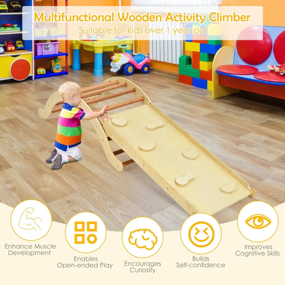 3-in-1 Kids Climber Set Wooden Arch Triangle Rocker with Ramp and Mat-Natural - Natural - Climbers & Slides