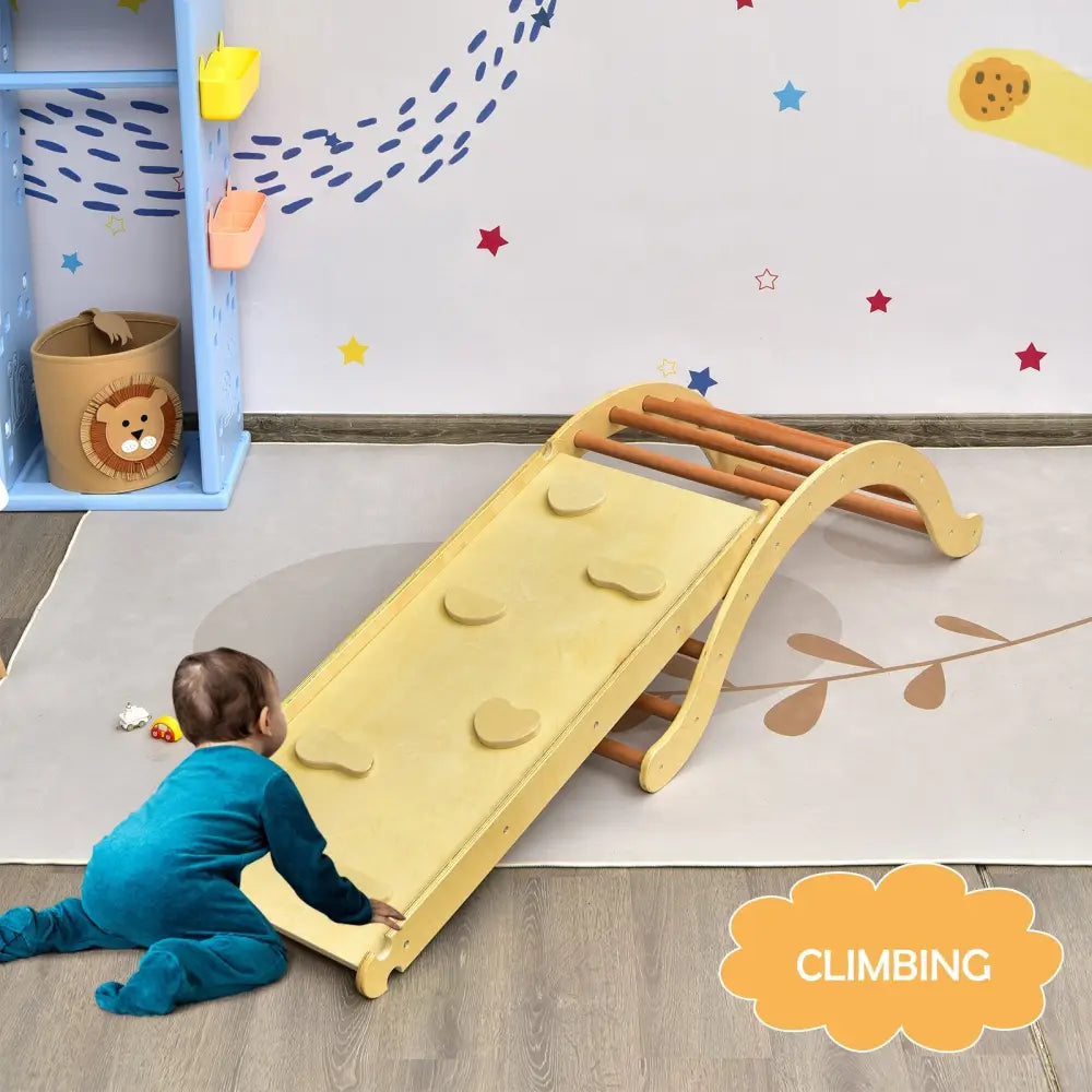 3-in-1 Kids Climber Set Wooden Arch Triangle Rocker with Ramp and Mat-Natural - Natural - Climbers & Slides