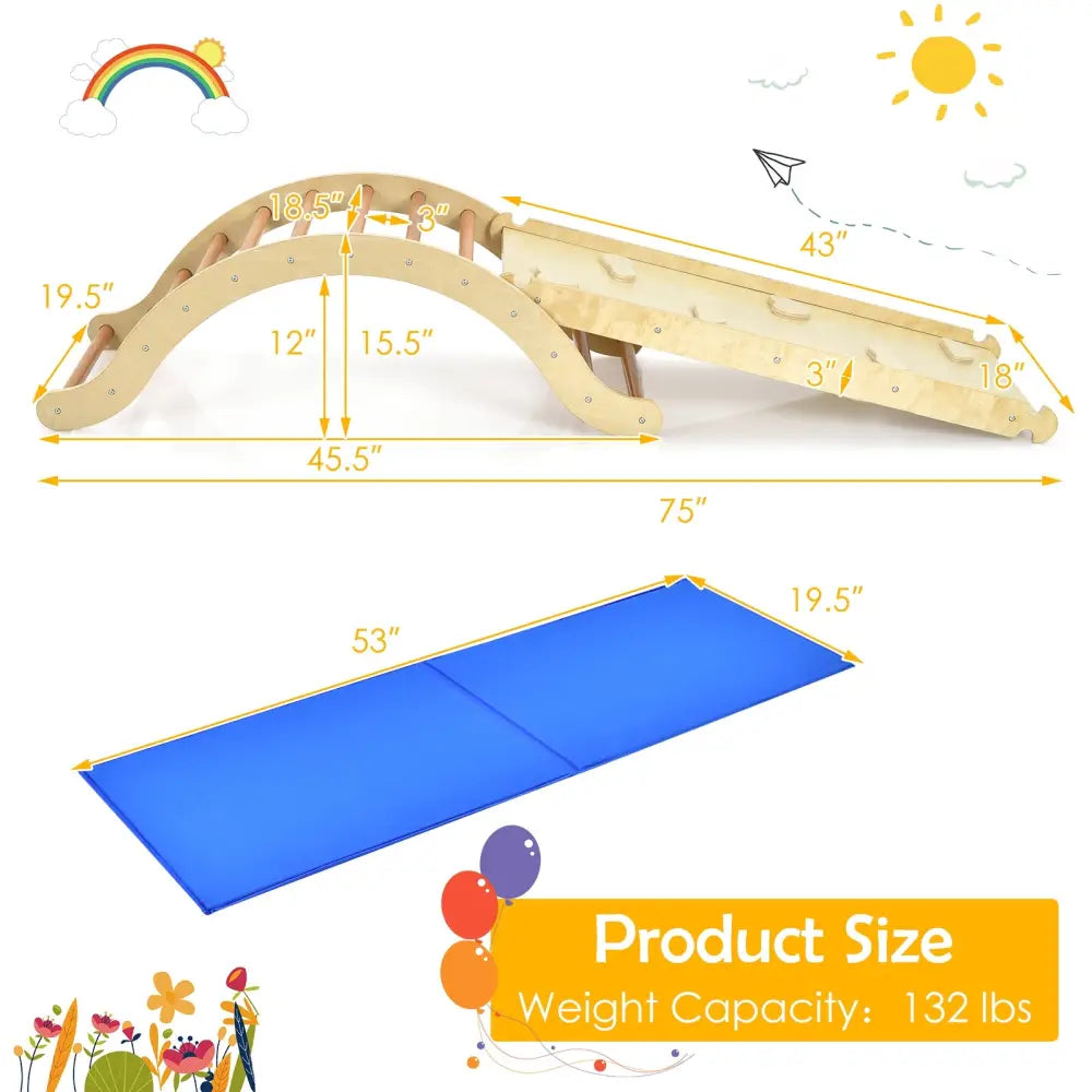 3-in-1 Kids Climber Set Wooden Arch Triangle Rocker with Ramp and Mat-Natural - Natural - Climbers & Slides