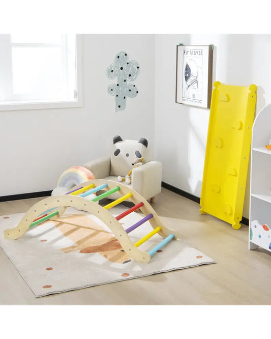 3-in-1 Kids Climber Set Wooden Arch Triangle Rocker with Ramp and Mat - Yellow - Climbers & Slides