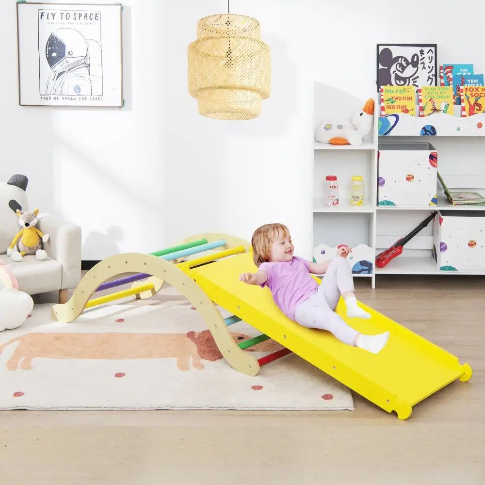 3-in-1 Kids Climber Set Wooden Arch Triangle Rocker with Ramp and Mat - Yellow - Climbers & Slides