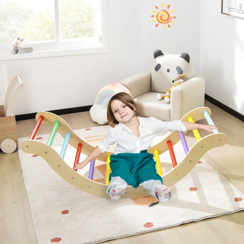 3-in-1 Kids Climber Set Wooden Arch Triangle Rocker with Ramp and Mat - Yellow - Climbers & Slides