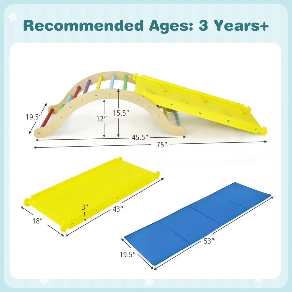 3-in-1 Kids Climber Set Wooden Arch Triangle Rocker with Ramp and Mat - Yellow - Climbers & Slides