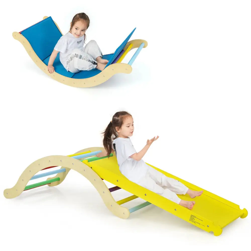 3-in-1 Kids Climber Set Wooden Arch Triangle Rocker with Ramp and Mat - Yellow - Climbers & Slides
