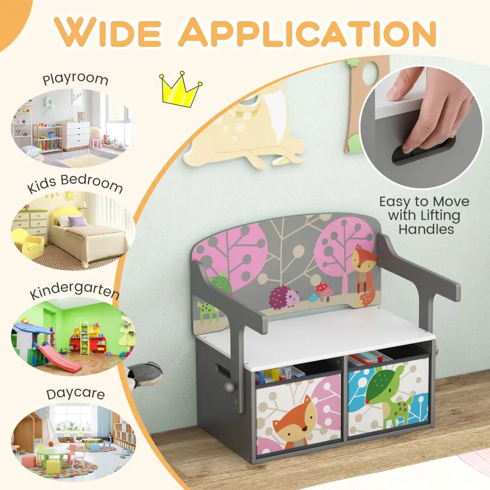3 in 1 Kids Convertible Activity Bench with 2 Removable Fabric Bins-Gray - Gray - Kids Chairs & Seating