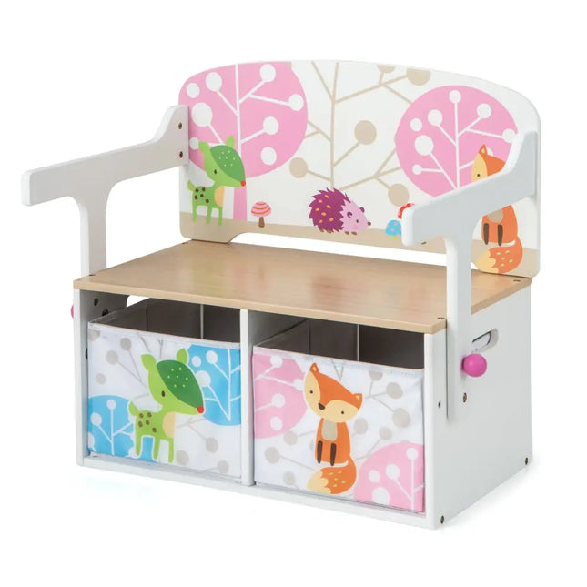 3 in 1 Kids Convertible Activity Bench with 2 Removable Fabric Bins-White - White - Kids Chairs & Seating