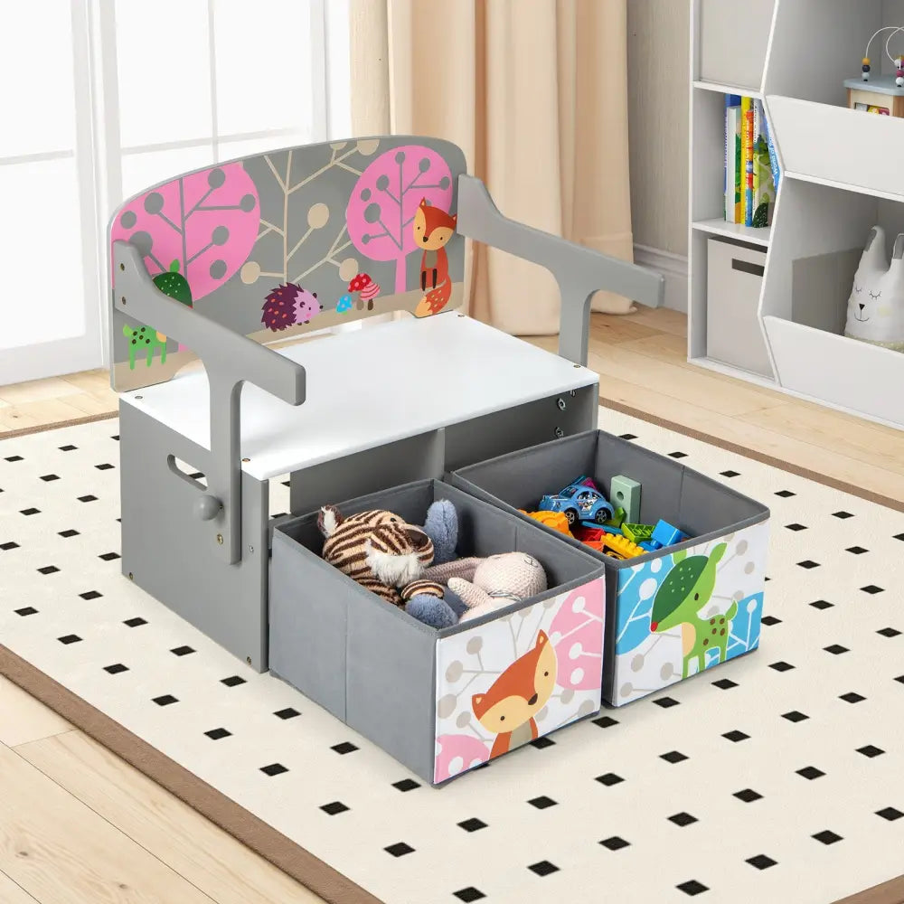 3 in 1 Kids Convertible Activity Bench with 2 Removable Fabric Bins-Gray - Gray - Kids Chairs & Seating