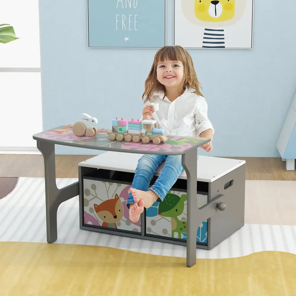 3 in 1 Kids Convertible Activity Bench with 2 Removable Fabric Bins-Gray - Gray - Kids Chairs & Seating