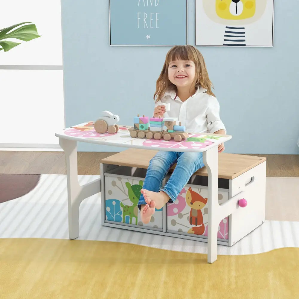 3 in 1 Kids Convertible Activity Bench with 2 Removable Fabric Bins-White - White - Kids Chairs & Seating