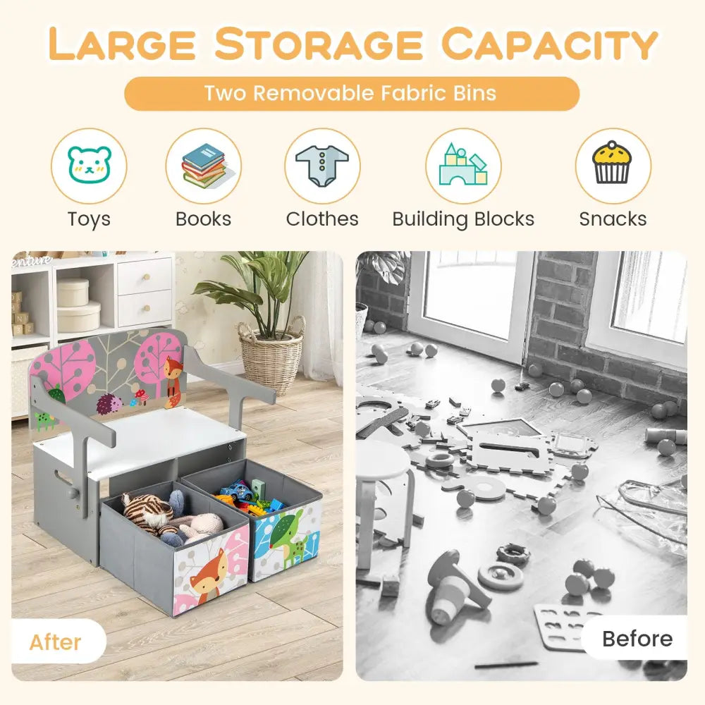3 in 1 Kids Convertible Activity Bench with 2 Removable Fabric Bins-Gray - Gray - Kids Chairs & Seating